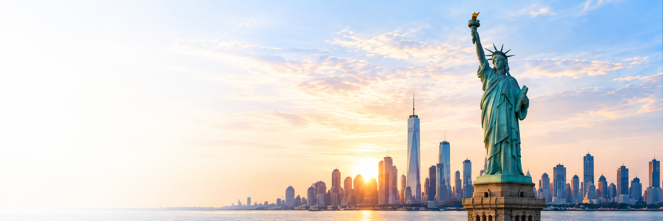 Statue of Liberty and the New York skyline at sunrise